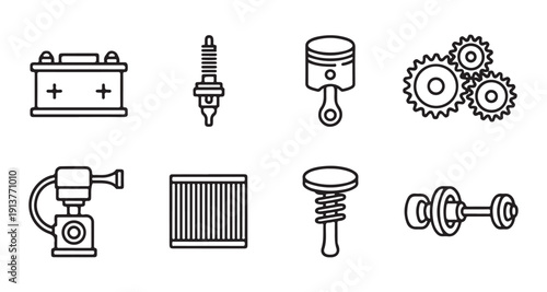 Automotive part line icons including battery spark plug piston engine valve filter and gear for car repair