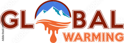 Global Warming Conceptual Typography Logo with Melting Glacier and Mountains, Climate Change and Environmental Awareness Design