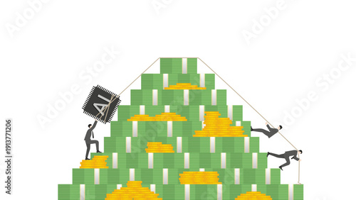 Business teamwork pulling AI microchip over massive stack of banknotes and coins. Concept of artificial intelligence in financial management, fintech, and maximizing cash profit