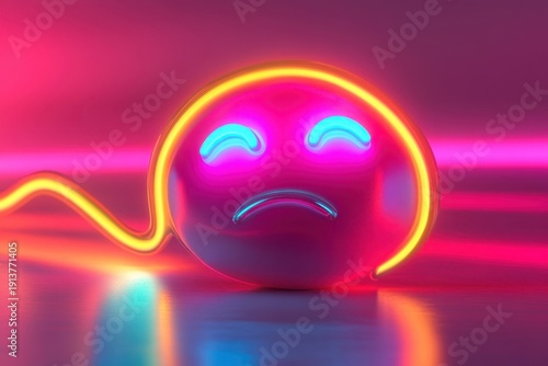 Neon emoji with a sad expression illuminated in vibrant pink and blue colors