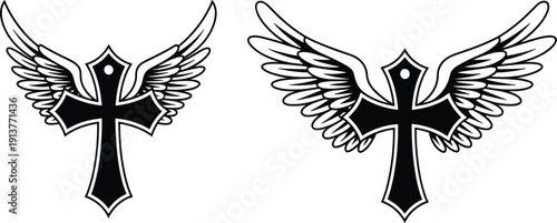 Christian gothic cross with angel wings silhouette, religious spiritual tattoo design, for faith and memorial concept