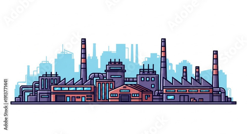 Industrial factory complex with smokestacks and buildings.