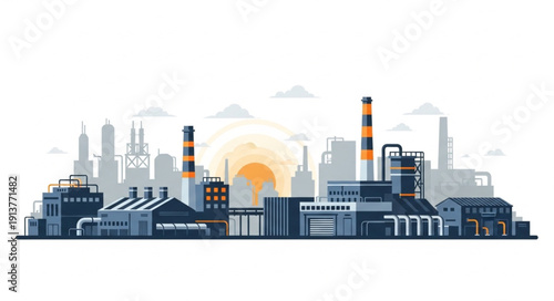 Industrial factory complex with smokestacks and buildings.