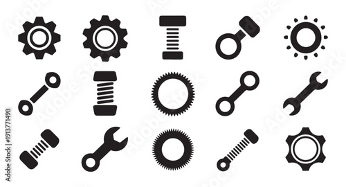 Various industrial and mechanical vector icons including gears, bolts, wrenches, and shafts