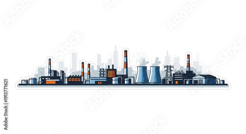 Industrial factory complex with smokestacks and cooling towers.