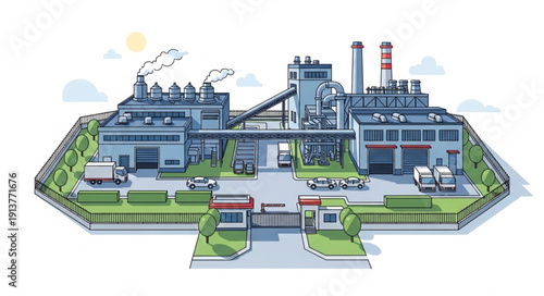 Industrial Factory Complex with Smokestacks and Buildings.