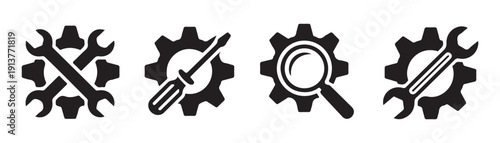Set of industrial icons with gears wrenches and tools isolated on white background for construction
