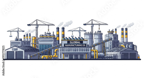 Industrial factory complex with multiple buildings and smokestacks.