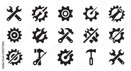 Collection of industrial icons with gears wrenches and tools isolated on white background for service