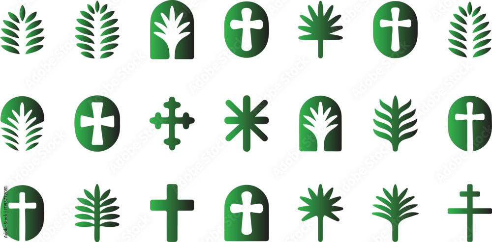 Fototapeta premium Diverse collection of green vector religious symbols and spiritual elements, featuring various crosses, stylized palm leaves, and sacred emblems ideal for design projects and cultural themes