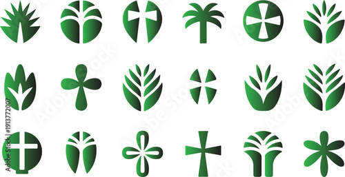 A collection of green plant and cross-shaped icons, including palm leaves, flowers, and other natural and religious symbols, presented on a clean white background for versatile design applications