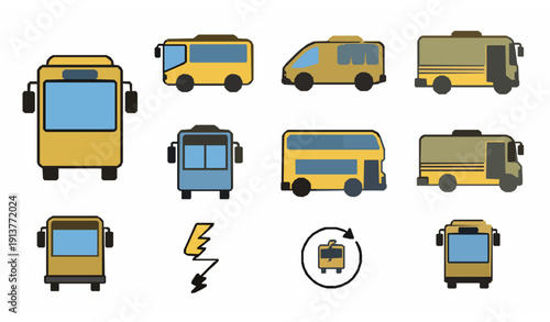 Bus Icon Set Flat Vector Collection with City School and Electric Bus Isolated on White Background