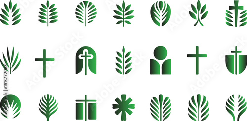 A collection of minimalist green religious icons featuring palm branches and crosses, symbolizing faith, spirituality, and religious holidays, suitable for various design projects