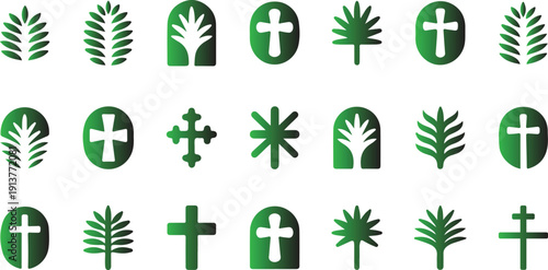 Diverse collection of green vector religious symbols and spiritual elements, featuring various crosses, stylized palm leaves, and sacred emblems ideal for design projects and cultural themes