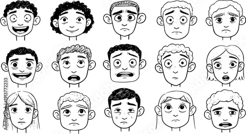Cartoon Faces with Varying Emotions: A Collection of Expressive Characters in Black and White