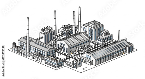 Industrial factory complex with multiple buildings and smokestacks.