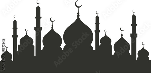 Islamic mosque skyline silhouette with domes and minarets, elegant black architecture for ramadan and religious festivals