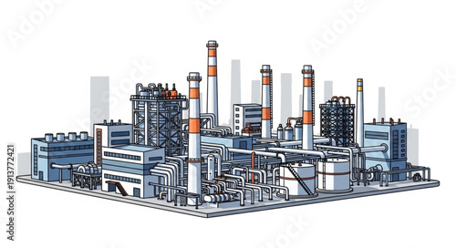 Industrial factory complex with multiple chimneys and buildings.