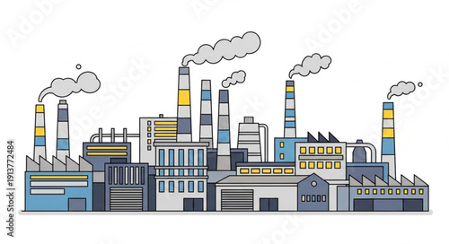 Industrial factory complex with multiple chimneys emitting smoke.