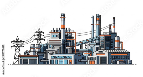 Industrial Factory Complex with Power Lines and Smokestacks.