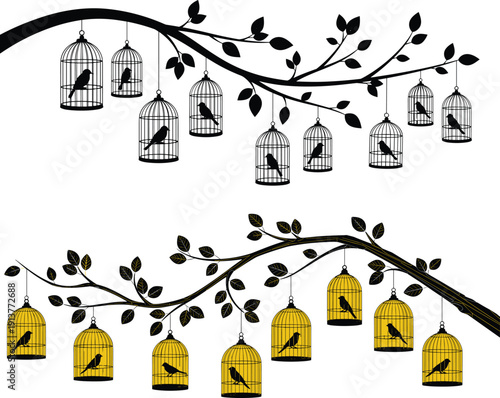 Black and gold silhouette set with birds in hanging cages on leafy tree branches isolated on white background for vector