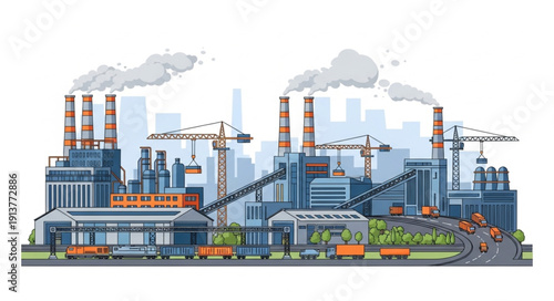 Industrial factory complex with smoke stacks and cranes.