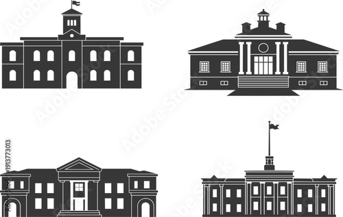 Government building and university campus architectural silhouette set, classical courthouse and school icons for city infrastructure