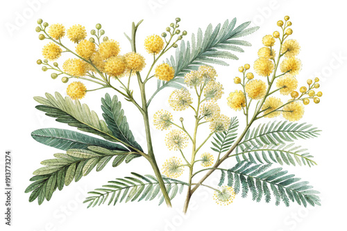 Watercolor Mimosa Blossom, Delicate Yellow Floral Vector Illustration Isolated on White