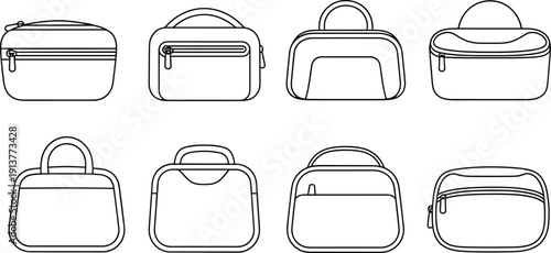Collection of eight minimalist handbag and pouch line art icons, travel toiletry and cosmetic bags, zipper pouch vector illustrations, black and white