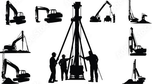 Construction machinery silhouettes with drilling rig and excavators, industrial heavy equipment collection for mining, engineering, and infrastructure projects