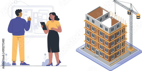 Construction project planning illustration, architects reviewing blueprints with tablet, modern building under construction with crane, isometric vector design