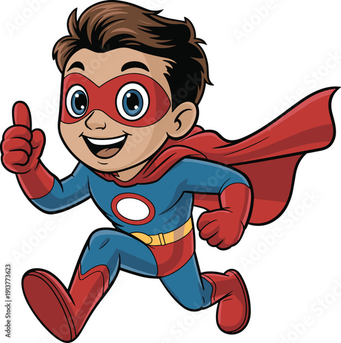 Cute cartoon superhero kid running with thumbs up, colorful costume, happy child character, comic style vector illustration