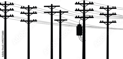 Electric utility poles silhouette vector set, power lines and transformer on wooden posts, black solid illustration isolated on white background