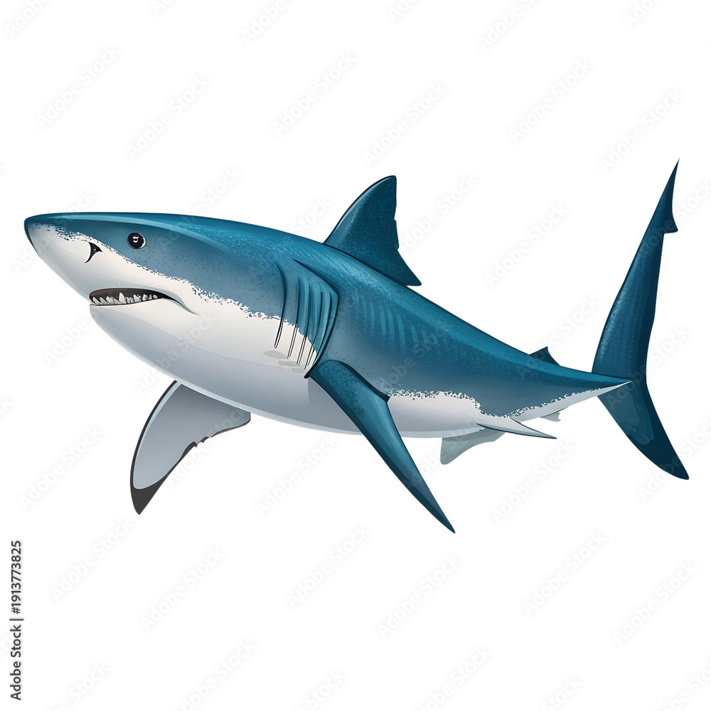 Obraz premium A cartoon shark swims in the dark water with a black background