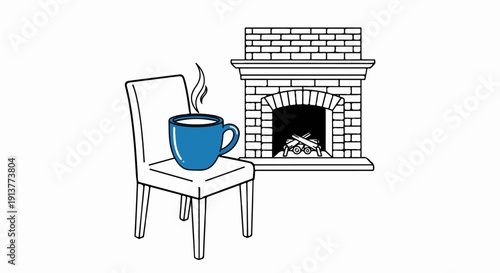 Cozy chair with steaming mug next to a brick fireplace