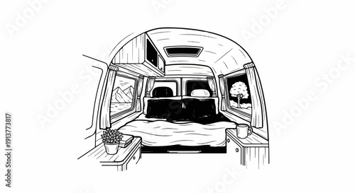 Cozy camper van interior with bed, windows showing scenic views, and plants