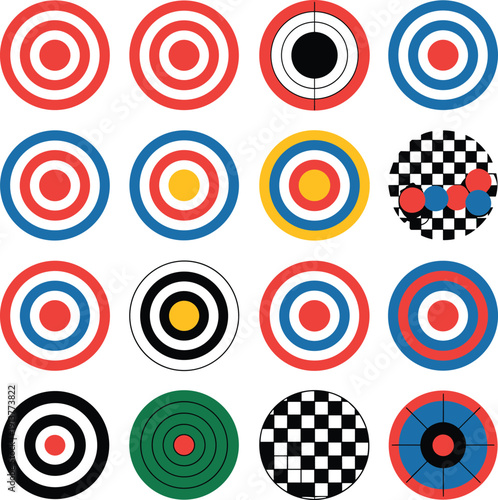 Collection of colorful concentric target boards with bullseye patterns, geometric variations and optical designs, symbolizing accuracy, focus, competition training and strategic goals