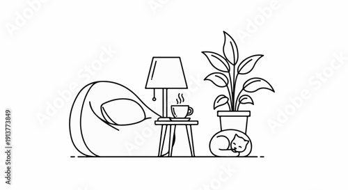 Cozy interior scene with beanbag chair, steaming cup of coffee, plant, and sleeping cat