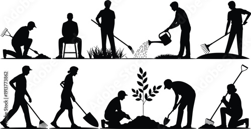 Gardening and planting silhouettes set, people working in garden with shovel, rake and watering can, landscaping and outdoor activity vector icons