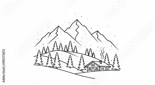 Cozy mountain cabin with smoking chimney surrounded by pine trees and snowy peaks