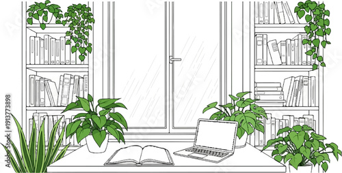 Cozy desk setup with books, plants, and laptop near a window