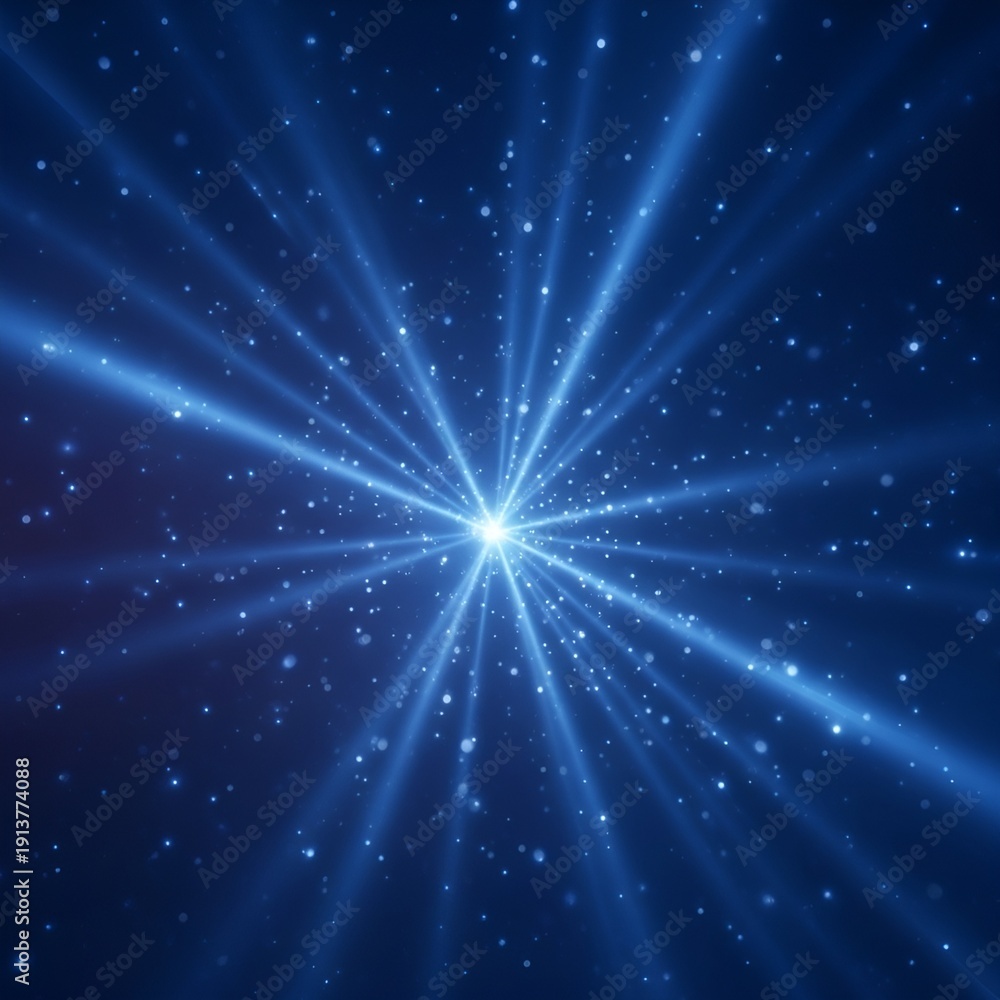 Fototapeta premium Luminous light rays and shimmering particles on a deep blue abstract backdrop