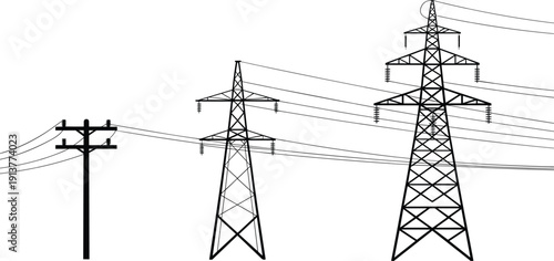 High voltage transmission towers and utility poles silhouette, power lines crossing landscape, electrical pylon vector illustration, industrial infrastructure outline drawing