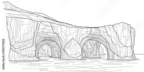 Craggy cliffs carve arches over rippling water beneath a cloudy sky