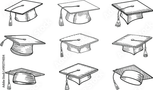 Academic graduation cap sketches and university student mortarboard vector set, for higher education and achievement