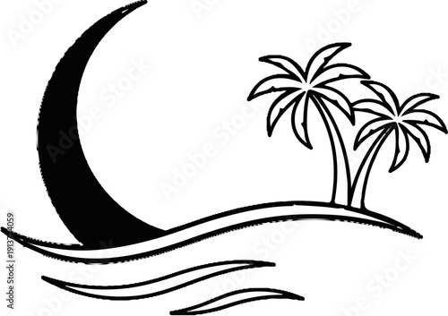 Crescent moon over ocean waves with two palm trees on a small island