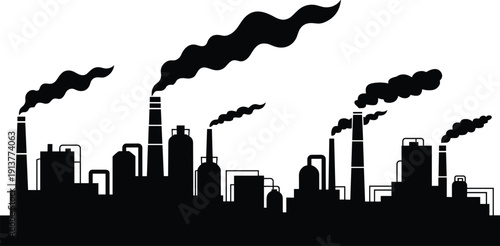 Industrial factory skyline with smokestacks and pipelines, air pollution silhouette vector illustration for environmental industry and energy productionIndustrial factory  