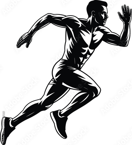 Running man silhouette, sprinter athlete in motion, muscular body illustration for fitness training, speed competition, marathon, track performance design