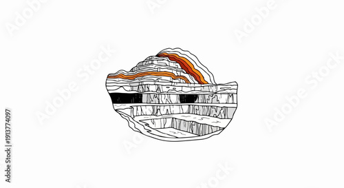 Cross-section of layered rock strata with a fiery, molten core at the summit