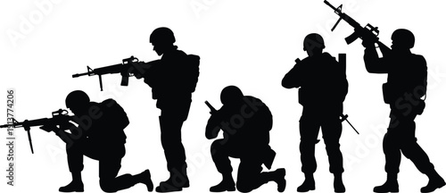 Soldier silhouettes in tactical positions with rifles, military team in combat stance, defense, security, army operation and patrol concept